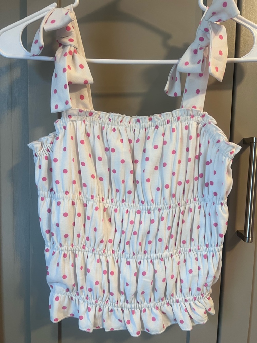 GB Girls White Ruffled Tie-Strap Polka Dot Tank Top - Pink Dots - Size L